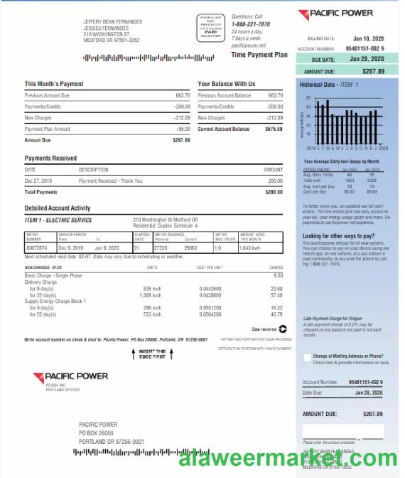 USA PACIFIC POWER utility bill Word and PDF template